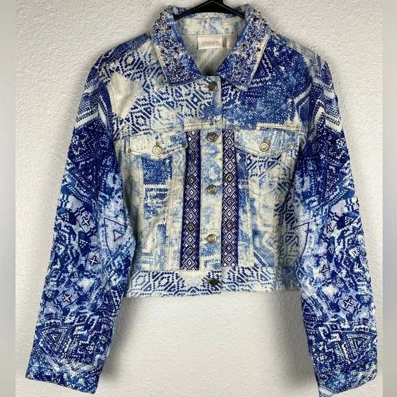 Chico's beaded artisan mixed-print cropped denim jacket blue & white Sz 2 (L/12) - Picture 4 of 15